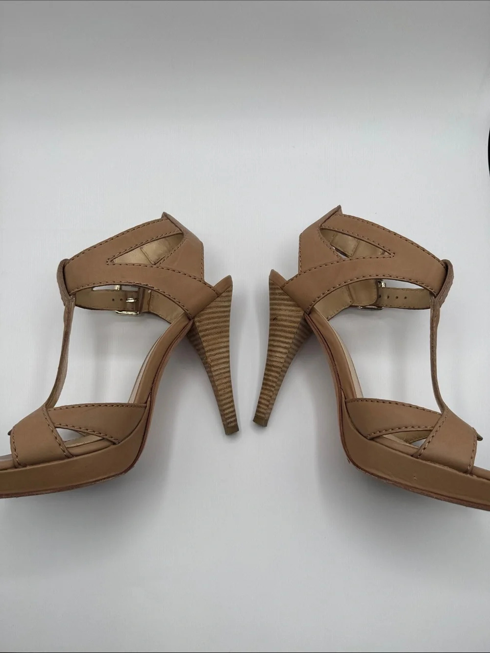 Country Road Tan Leather T Strap Ankle Buckle Heels Block Stiletto Size 38 - Picture 3 of 7